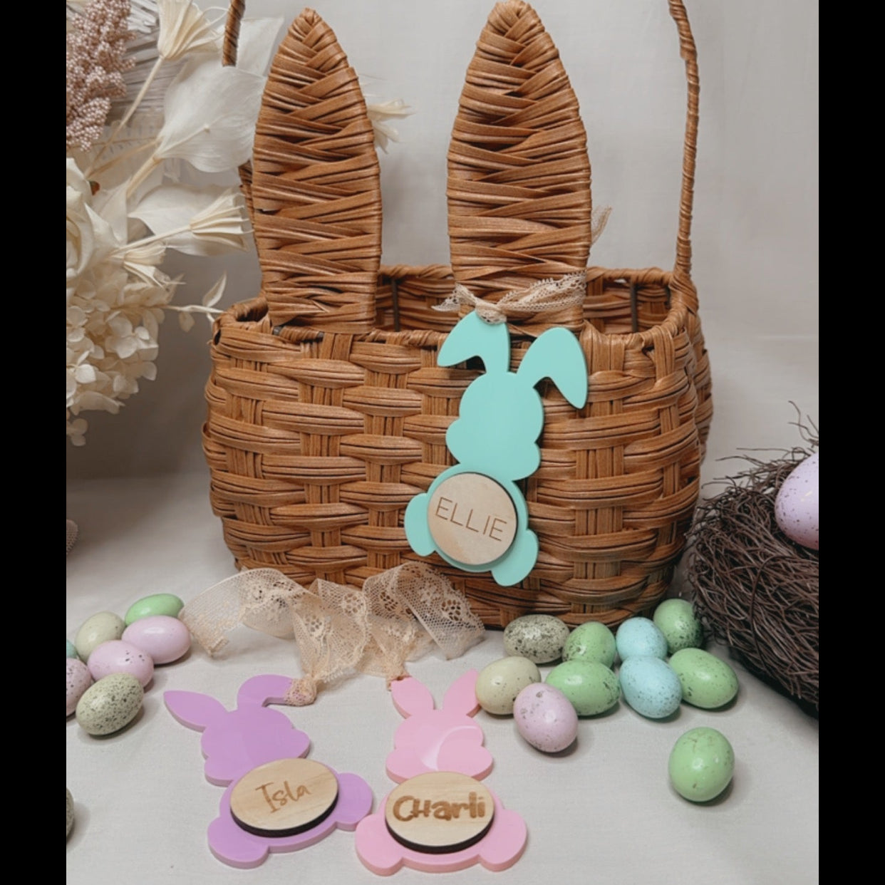 ACRYLIC / WOODEN BUNNY BASKET TAGS - SET OF THREE
