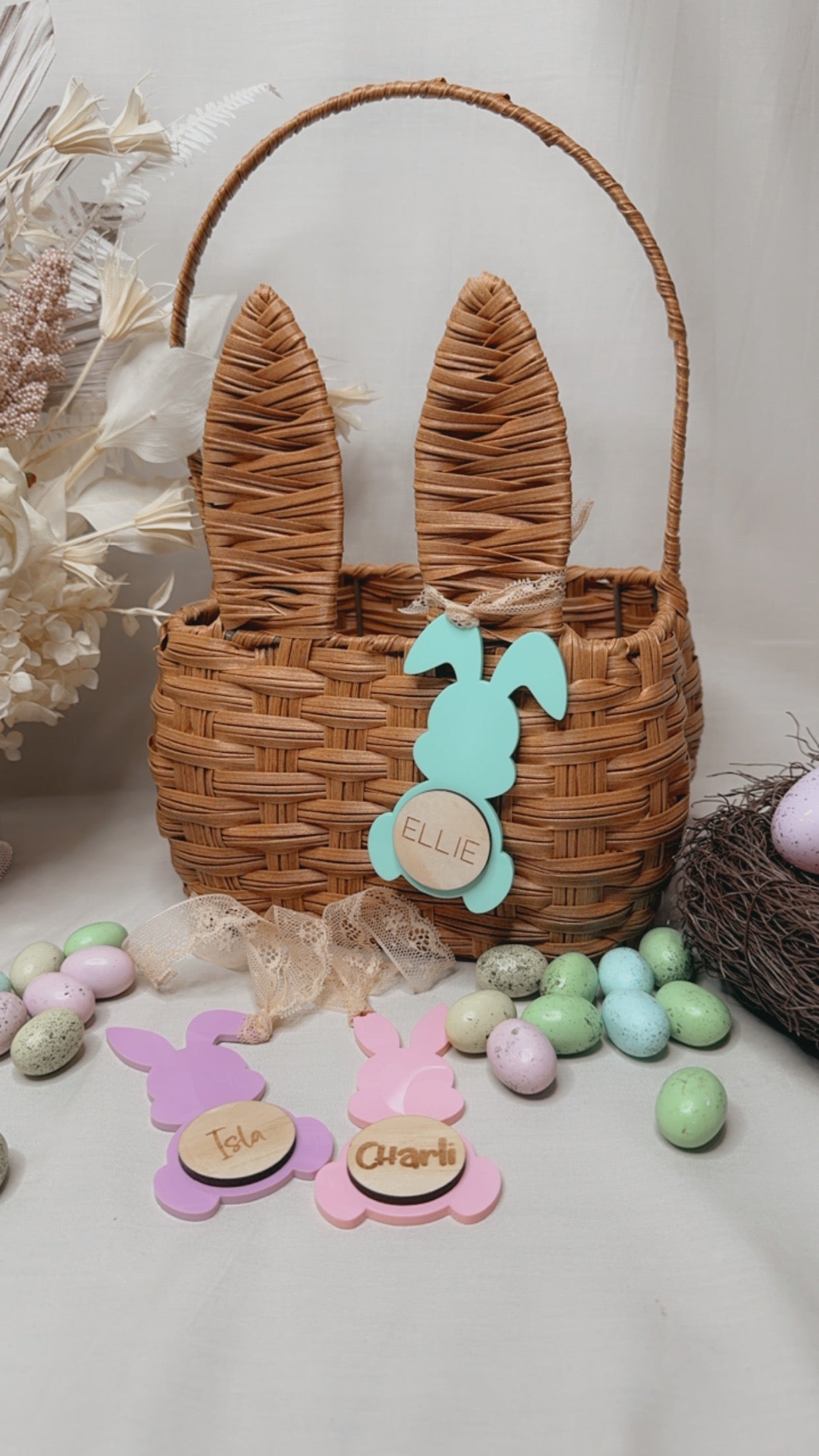 ACRYLIC / WOODEN BUNNY BASKET TAGS - SET OF THREE