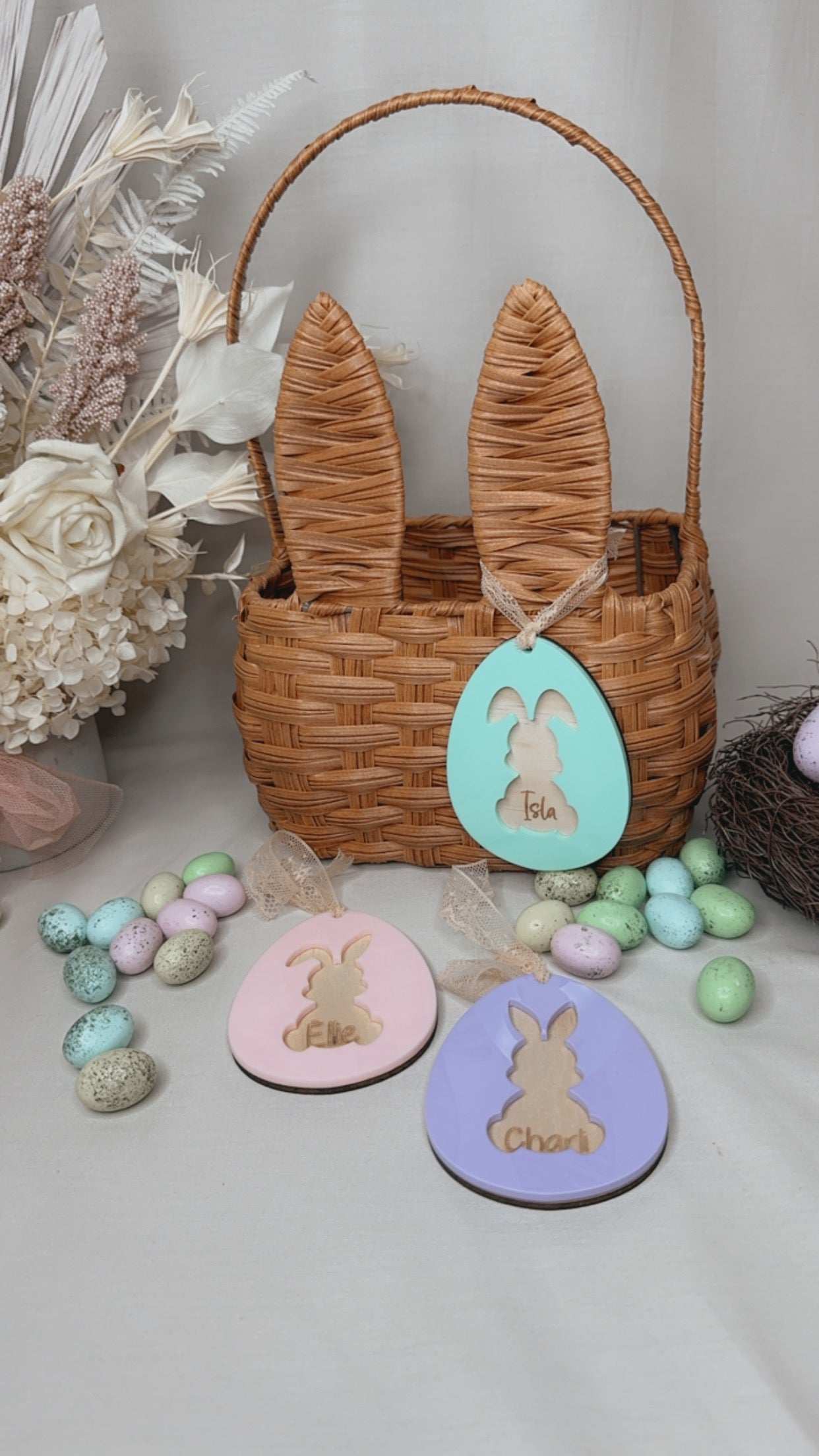 PERSONALISED EGG ACRYLIC / WOODEN BASKET TAG - SET OF THREE