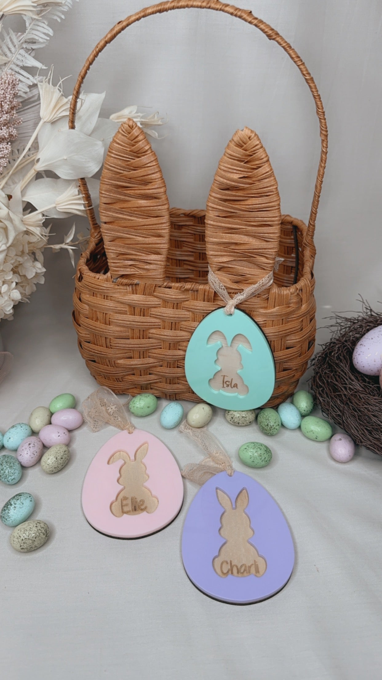 PERSONALISED EGG ACRYLIC / WOODEN BASKET TAG - SET OF THREE